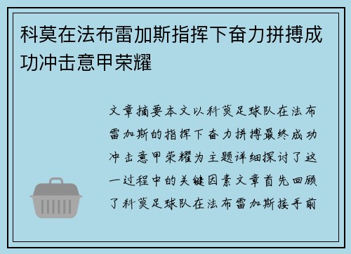 科莫在法布雷加斯指挥下奋力拼搏成功冲击意甲荣耀 科莫在法布雷加斯指挥下奋力拼搏成功冲击意甲荣耀